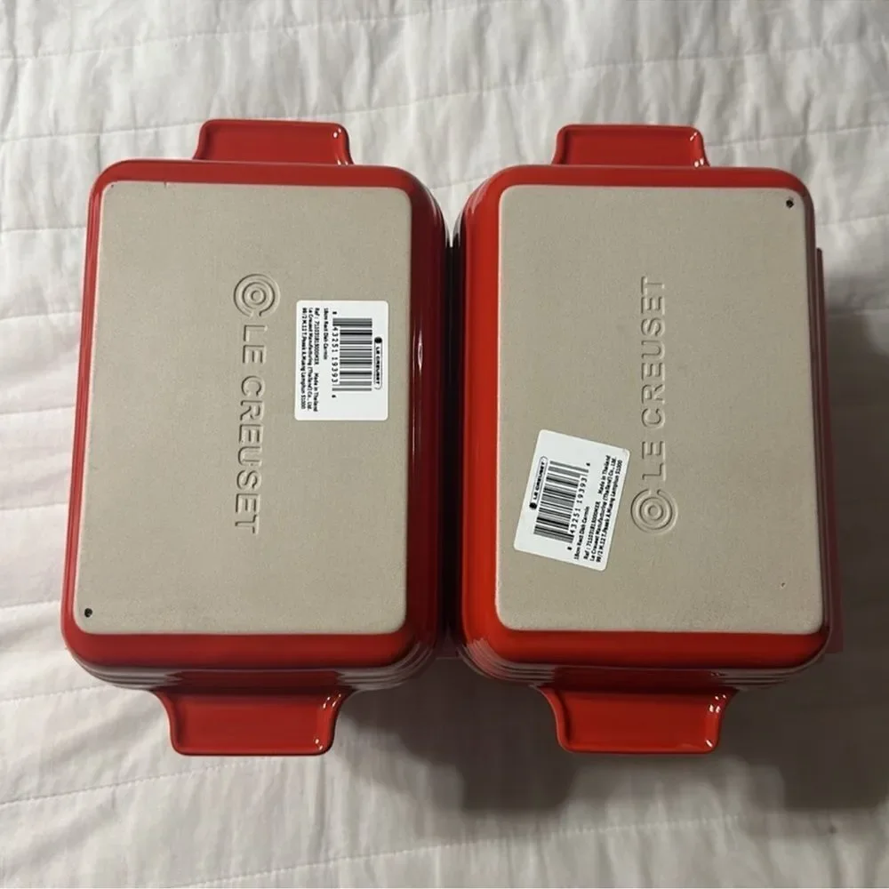 LE CREUSET Red Ivory Stoneware 7 inch Square Baking Dish Pan Set of 2